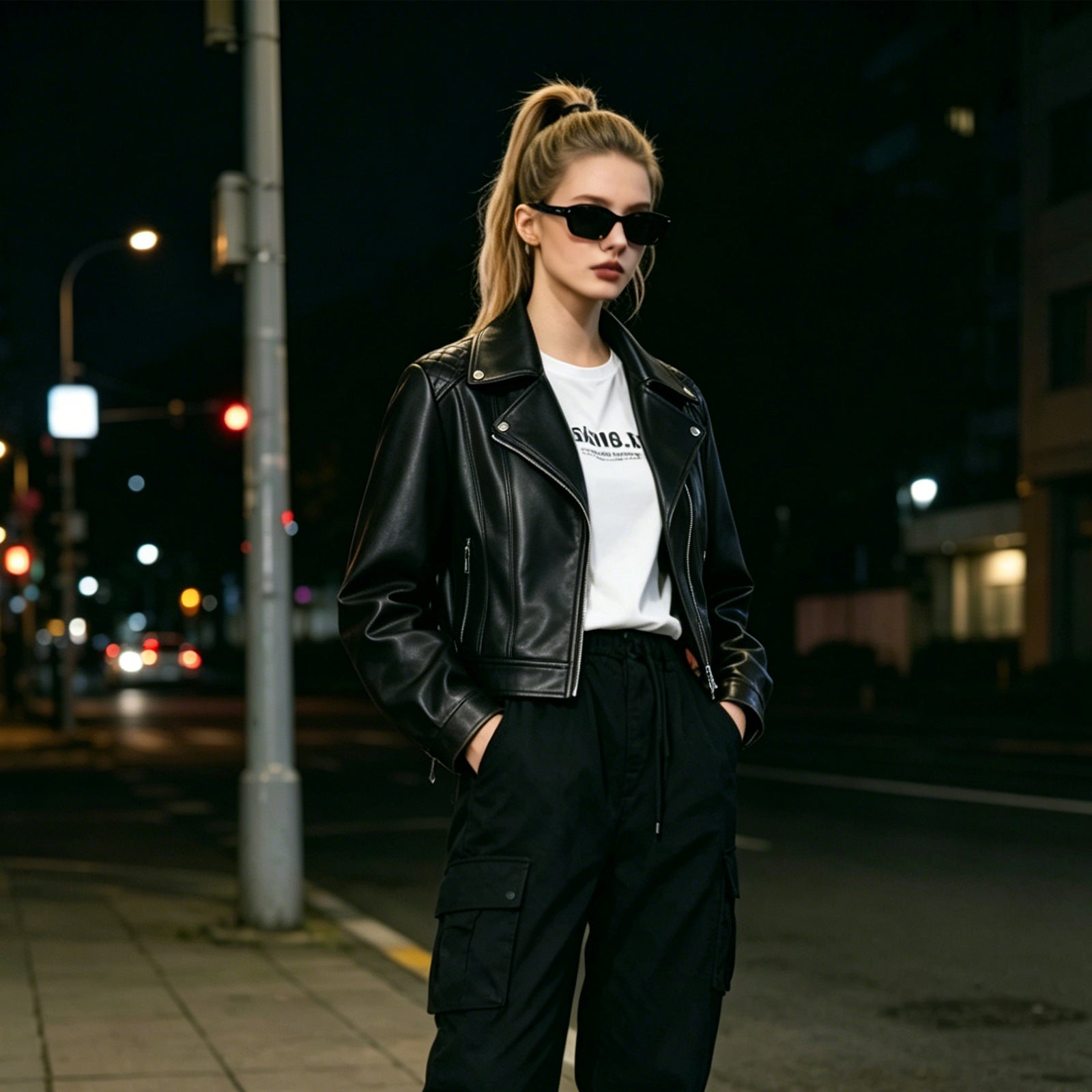 Women Tailored Leather Biker Jacket with Asymmetrical Zipper Chichicherry
