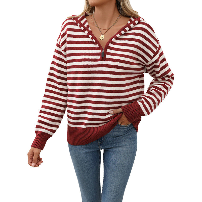 Women's Striped Hoodie with Half Zip and Ribbed Cuffs Chichicherry
