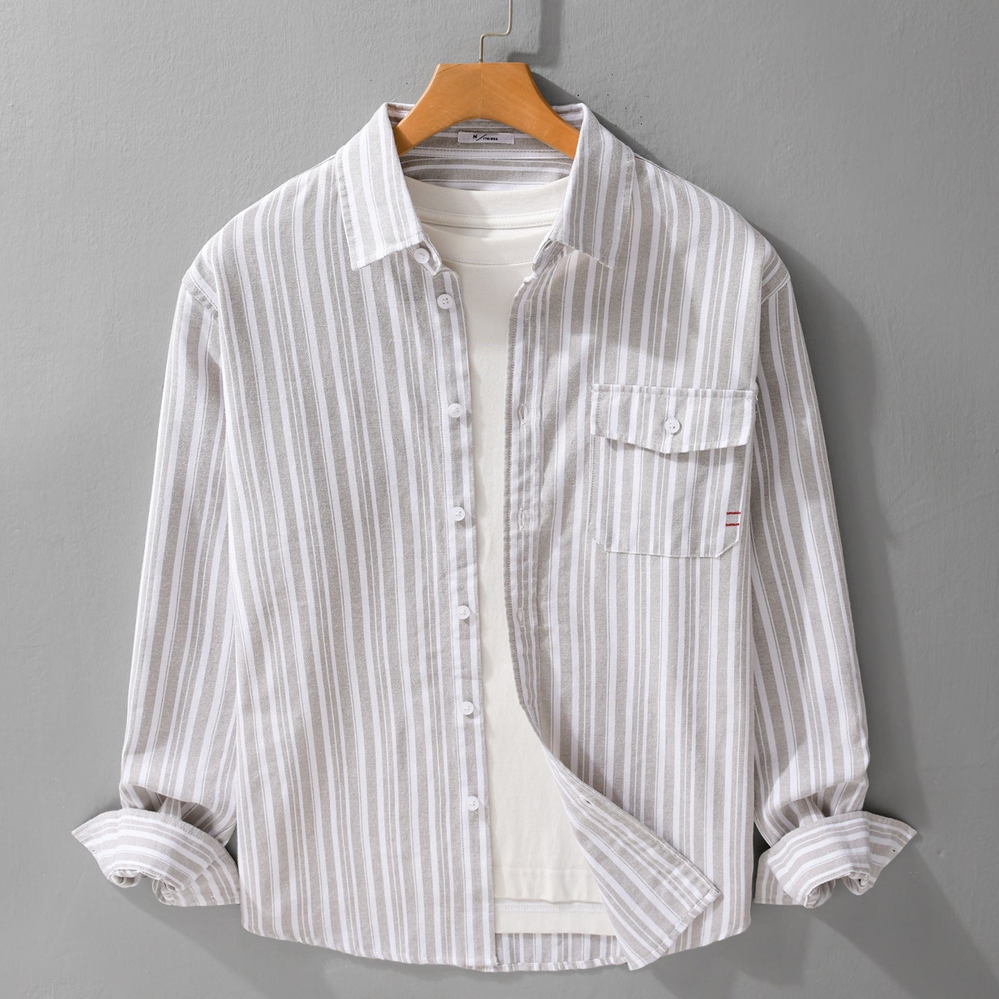 Men's Long-Sleeve Cotton-Linen Striped Shirt in Relaxed Fit with Flap Chest Pocket Chichicherry
