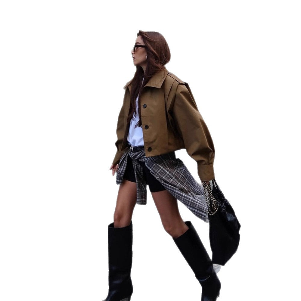 Women Cropped Trench Coat with boxy silhouette, epaulettes and pleat details Chichicherry
