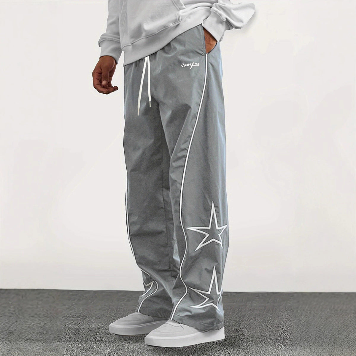 Men's Wide Trackpants with Contrast Piping, Drawstring and Star Application Chichicherry