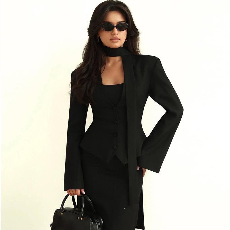 Women Tailored Blazer with Tie Scarf and Fitted Vest Chichicherry