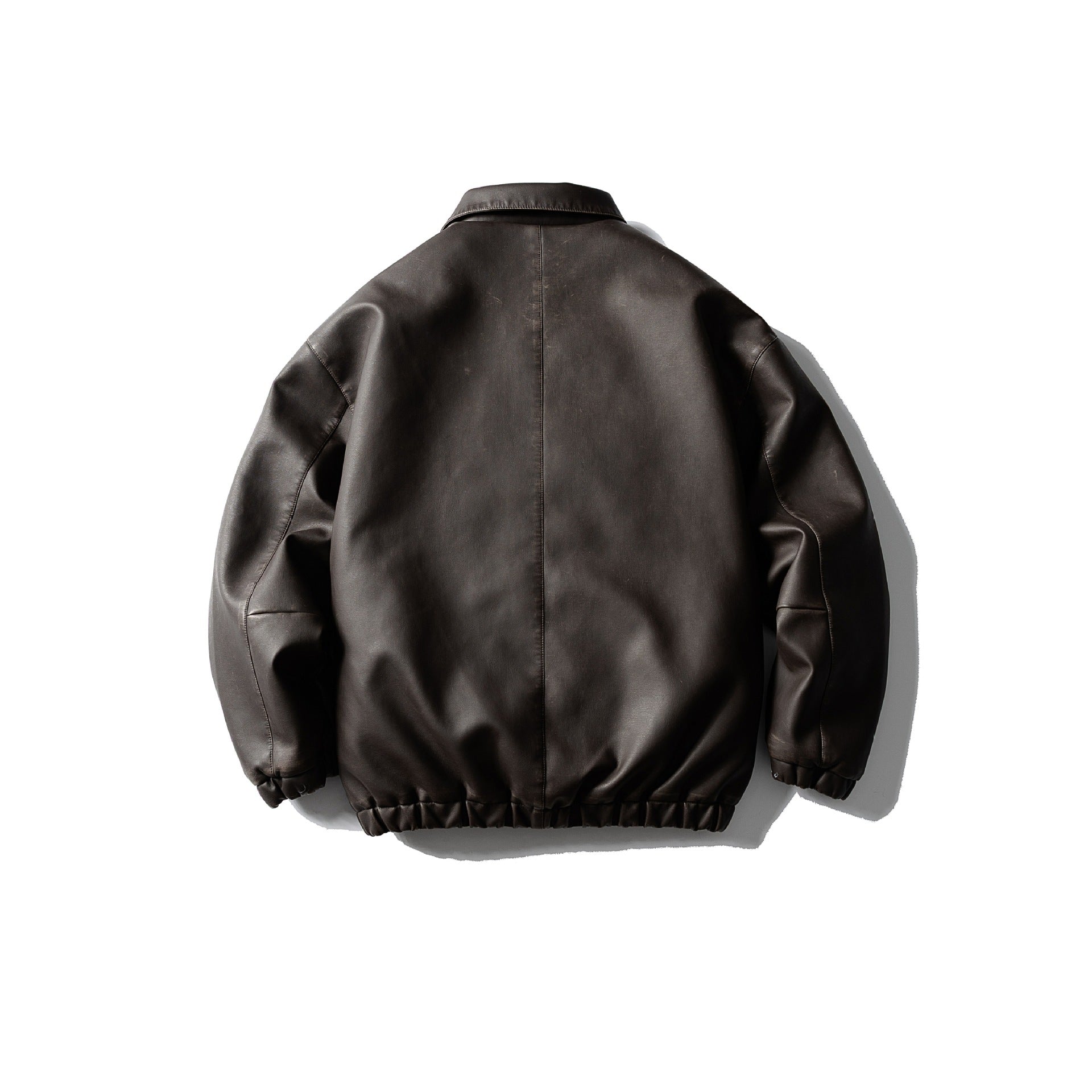 Men's Oversized Faux Leather Bomber Jacket with Flap Pockets, Concealed Closure and Elastic Hem Chichicherry
