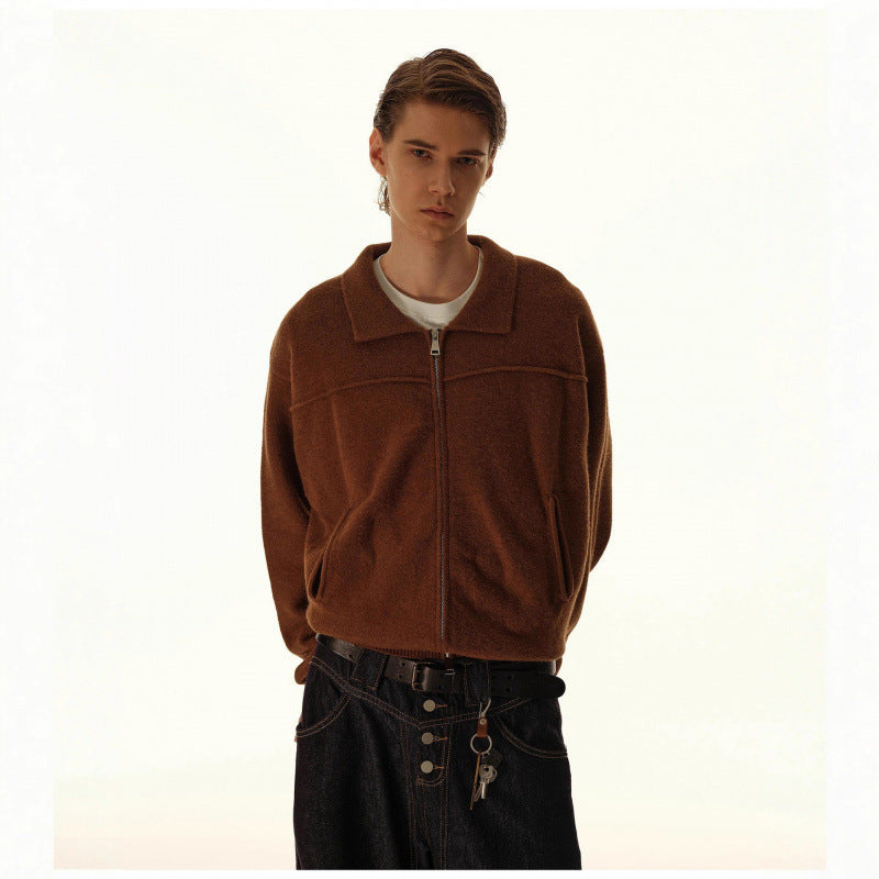 Men's knitted zip jacket with shirt collar, ribbed cuffs, and concealed side pockets Chichicherry