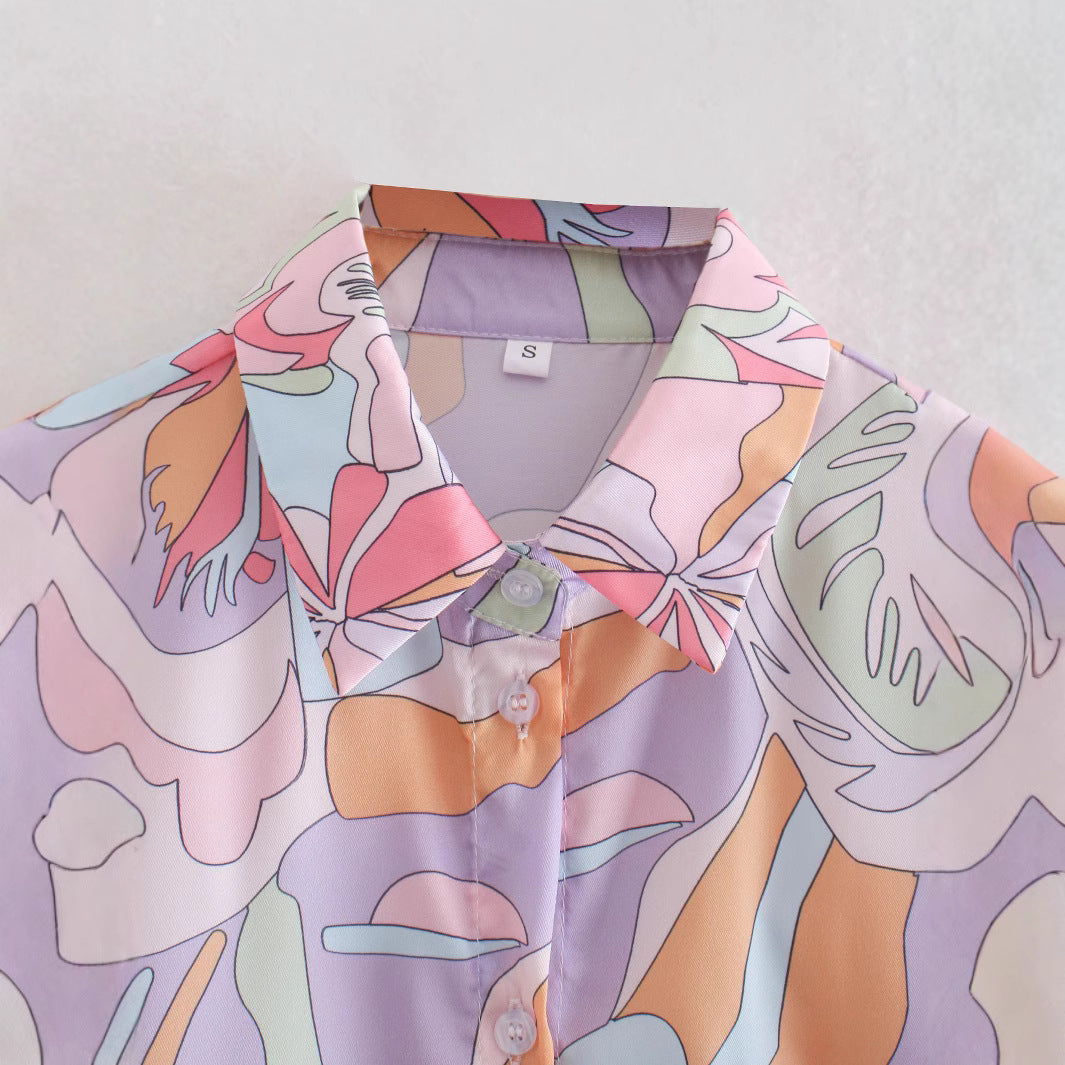 Women Oversize Shirt Blouse with Abstract Allover Print, Lightweight Chiffon Top, Long Sleeves Chichicherry