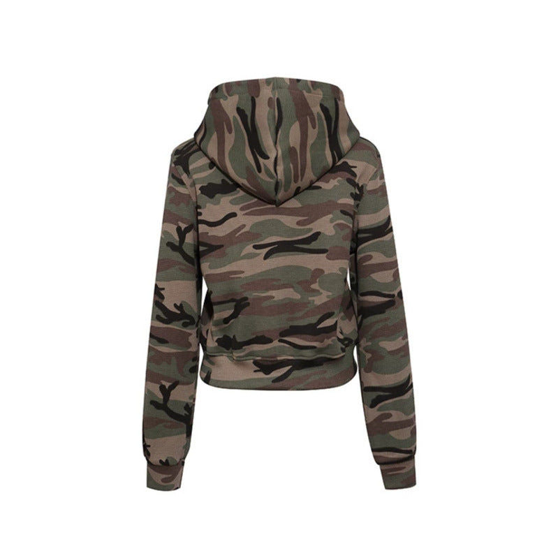 Women's Cropped Hoodie in Camouflage Structure Knit with Beaded Writing Chichicherry