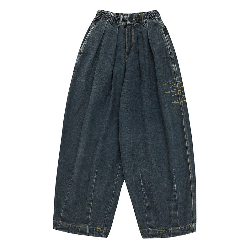 Ladies Wide Denim Pants with Pleats, Elastic Waistband and Casual Silhouette Chichicherry