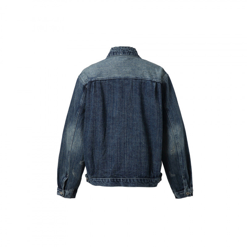 Men's Oversize Vintage Denim Jacket with Used Effect and Chest Pockets Chichicherry