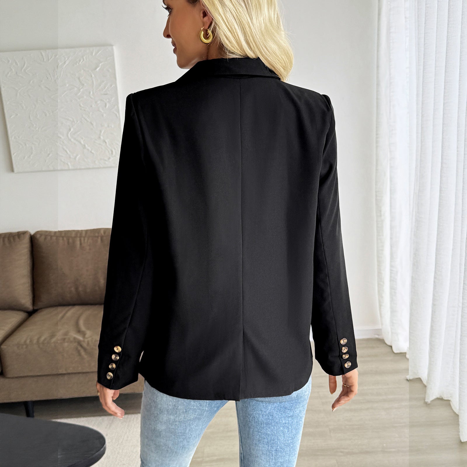 Women Figure-flattering Long Blazer with inset button, rolled sleeves and flap pockets Chichicherry