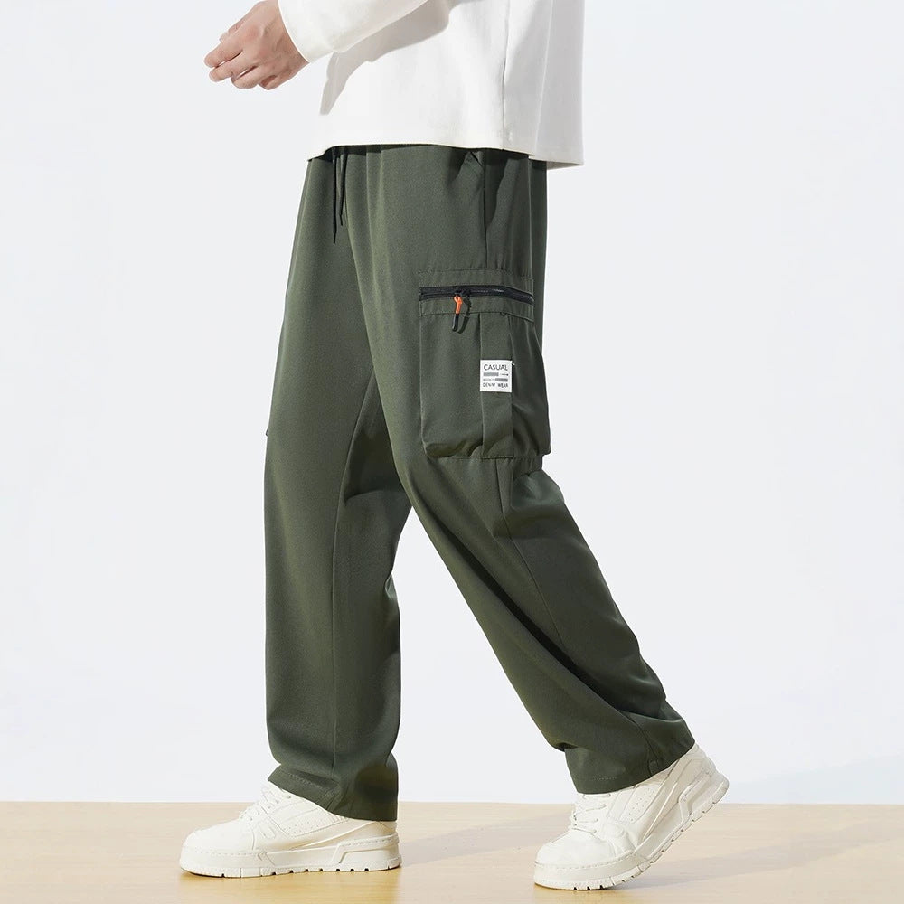 Men's Loose Fit Utility Cargo Pants with Drawstring Waist, Zipper Leg Pockets & Straight Leg Chichicherry