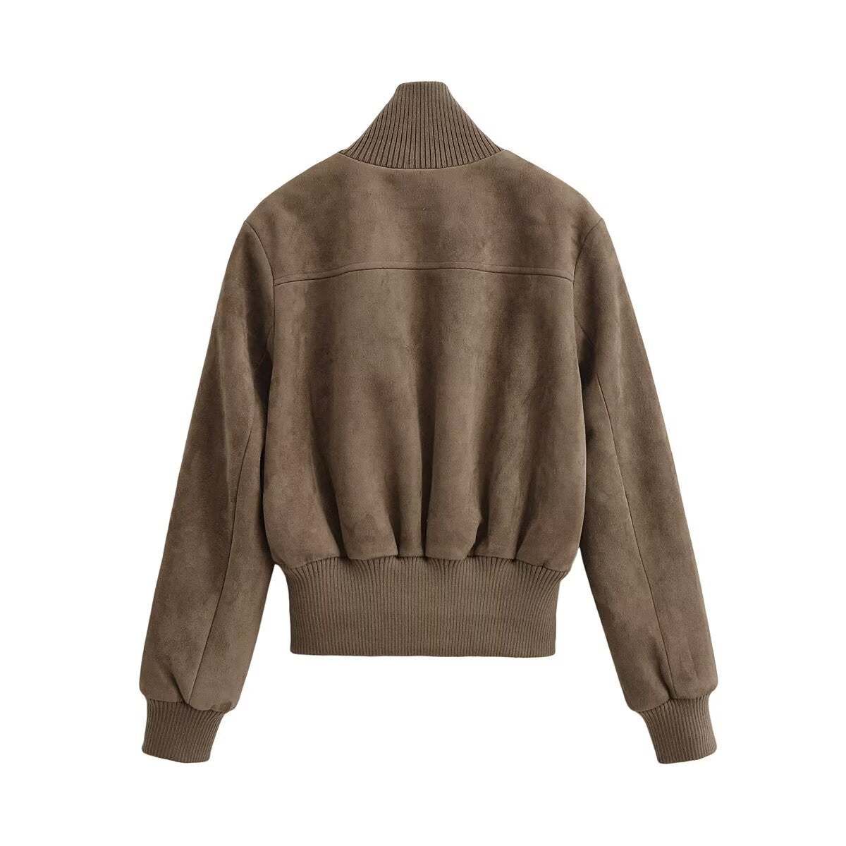 Women Short Cut Suede Look Bomber Jacket with Stand-Up Collar and Large Flap Pockets Chichicherry