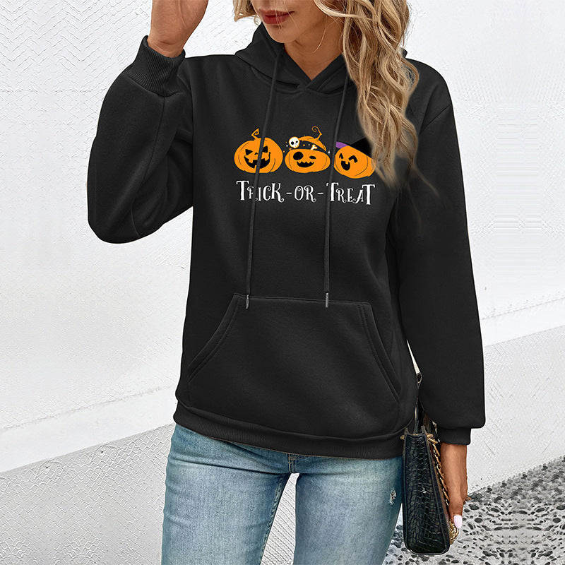 Women's hoodie with Halloween pumpkin print, hood and kangaroo pocket Chichicherry