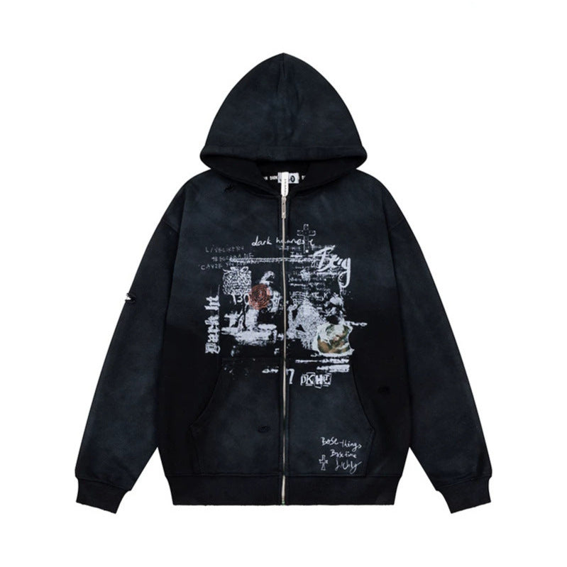 Unisex Oversize Hoodie with Zipper, Used Effect, Vintage Print and Kangaroo Pockets Chichicherry