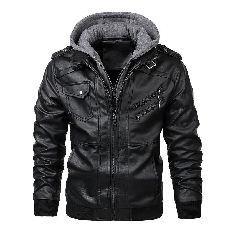 Men's faux leather flight jacket with integrated hood layer, zippered chest pocket, and ribbed cuffs Chichicherry
