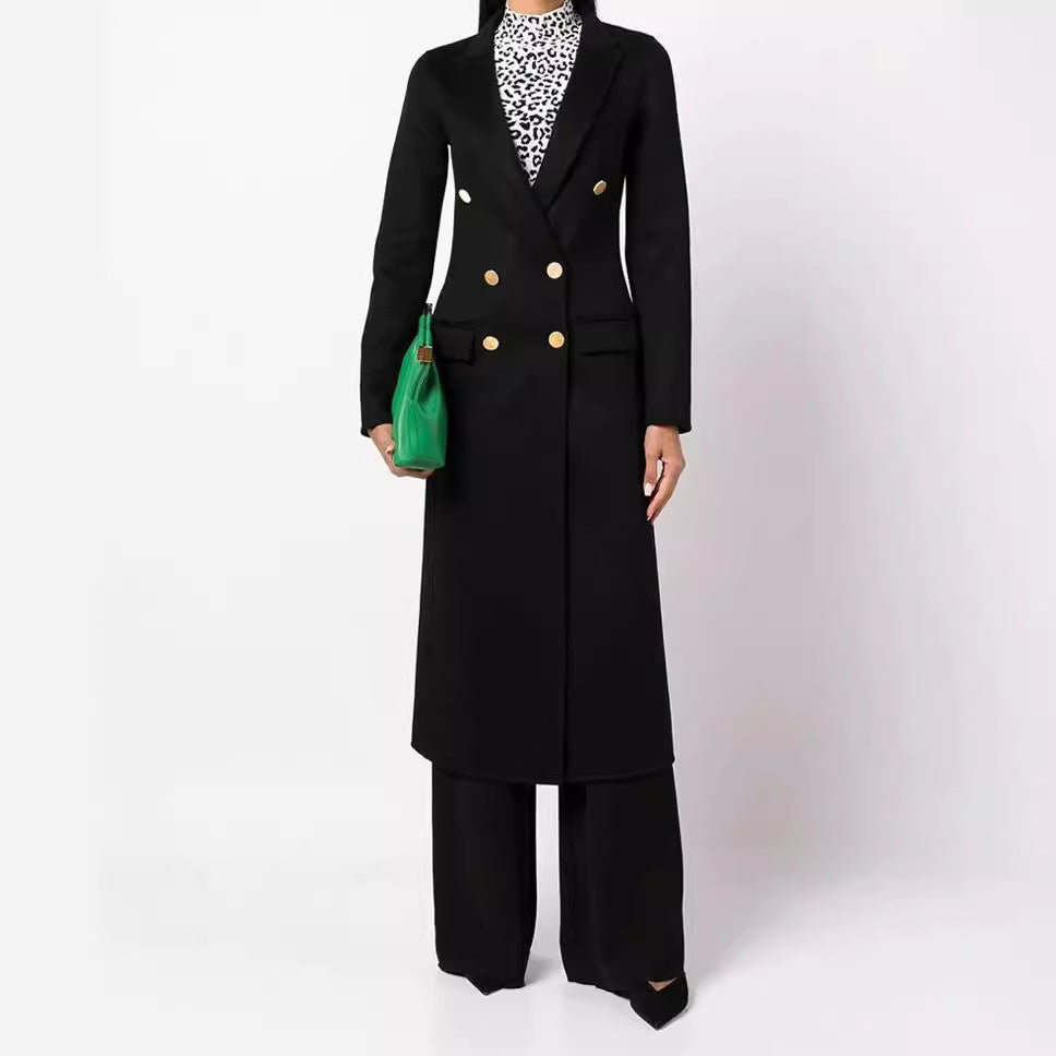 Women's Slim Maxi Length Coat in Clean-Cut with Double-Breasted Look and Decorative Metal Buttons Chichicherry