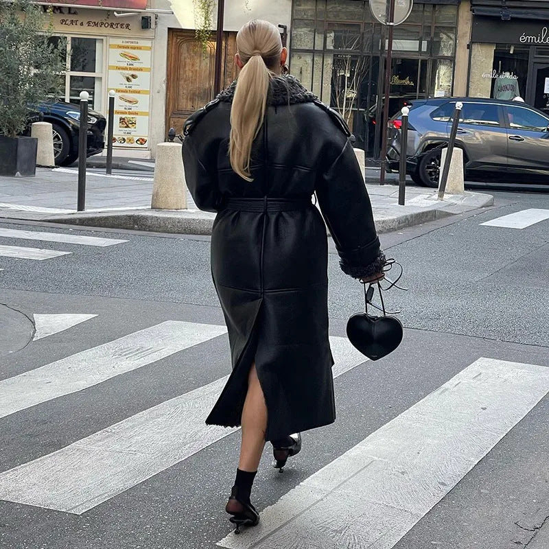 Women's Oversize Shearling Coat with Belt and Teddy Lining Chichicherry