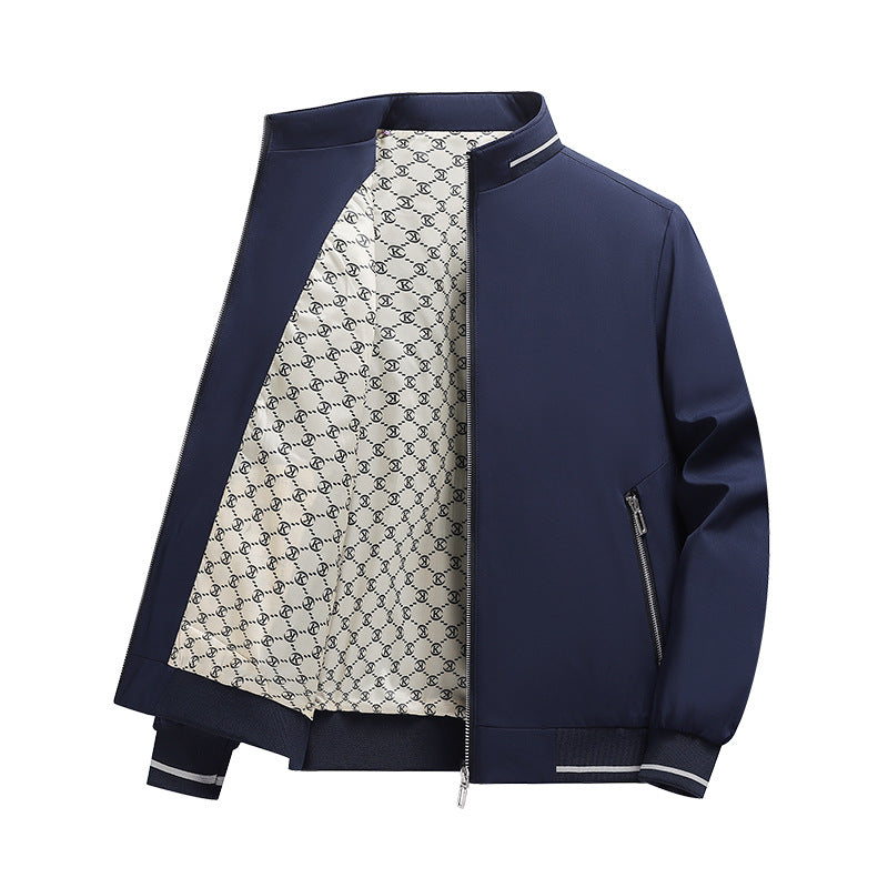Men's Lightweight Bomber Jacket with Stand Collar, Zipper & Patterned Satin Lining Chichicherry