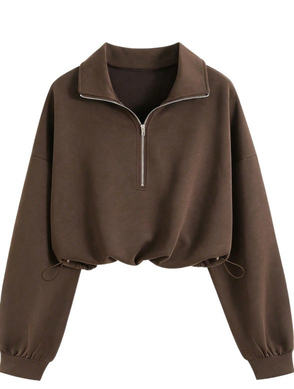 Women’s short-cut half-zip sweatshirt in oversized fit with drawstring hood