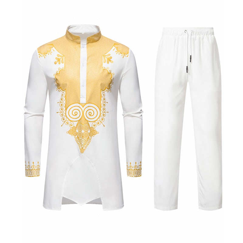 Men's Traditional Tunic Set with Mandarin Collar and Gold-Embellished Ornaments Chichicherry