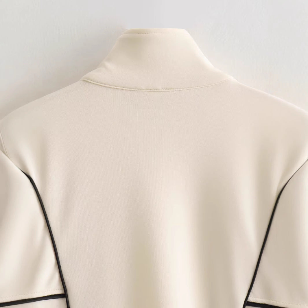 Women's Boxy Oversize Bomber Jacket with Contrast Piping and Stand-Up Collar Chichicherry