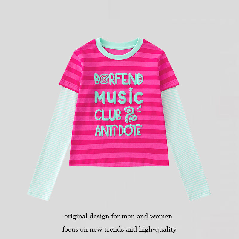 Women's Layered Long Sleeve Shirt in Layer Look with Contrasting Striped Sleeves and Typographic Print Chichicherry