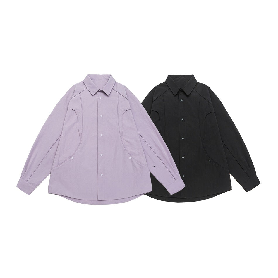 Women's Oversized Shirt Jacket with Curved Seam and Snap Button Placket Chichicherry