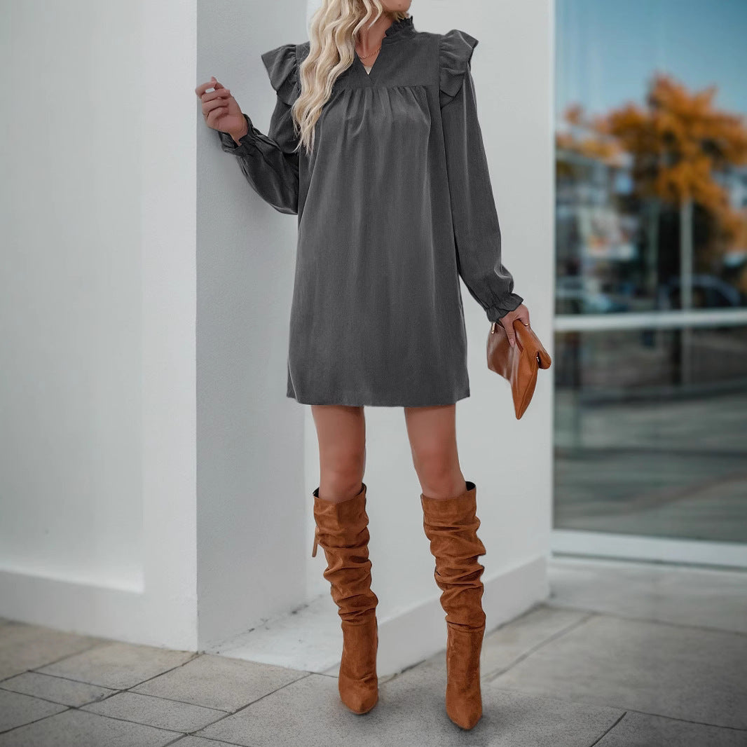 Women's Ruffle Shirt Dress with Gathered Yoke, Stand Collar, and Elastic Cuffs Chichicherry
