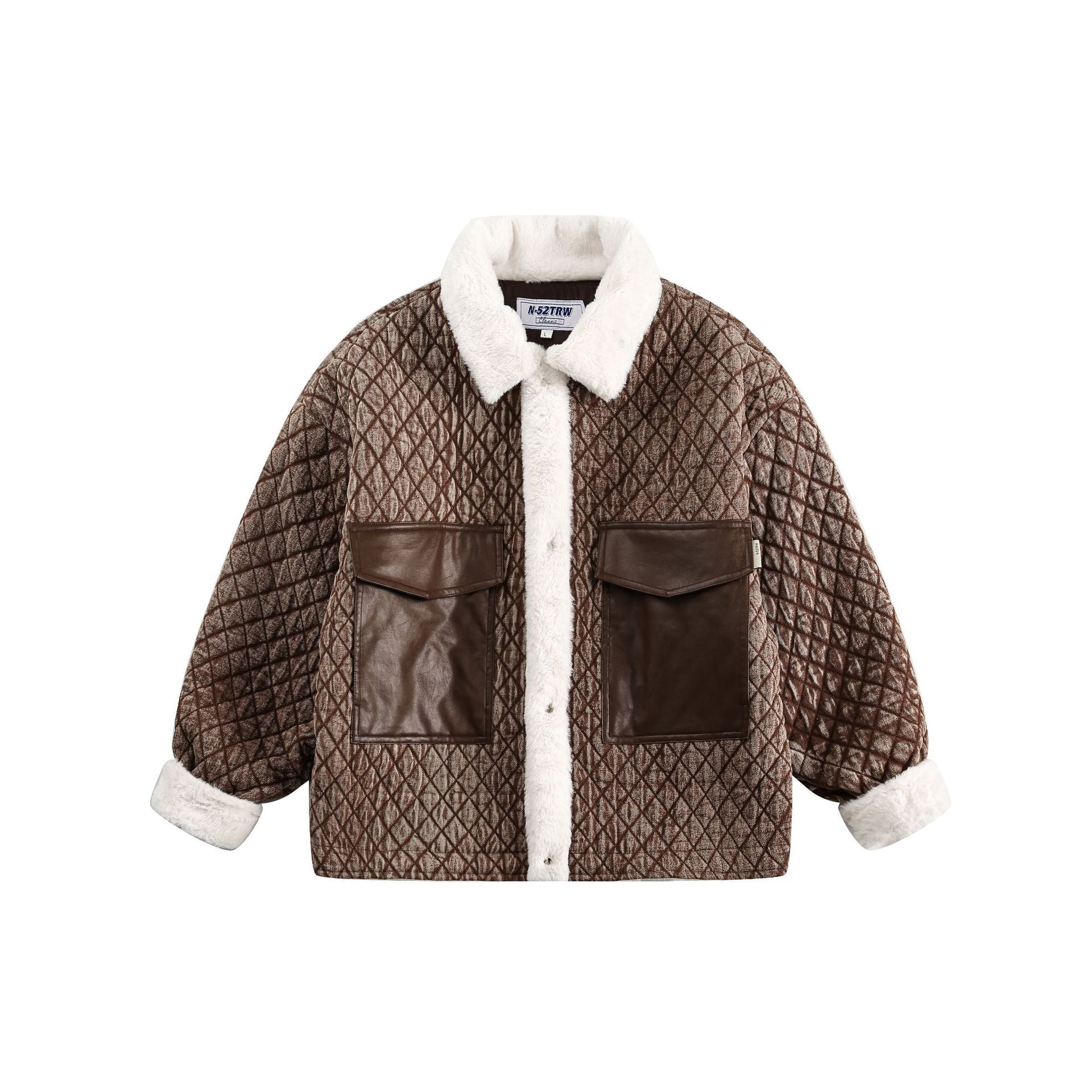 Women's short quilted jacket with faux fur collar and leather patch pockets Chichicherry