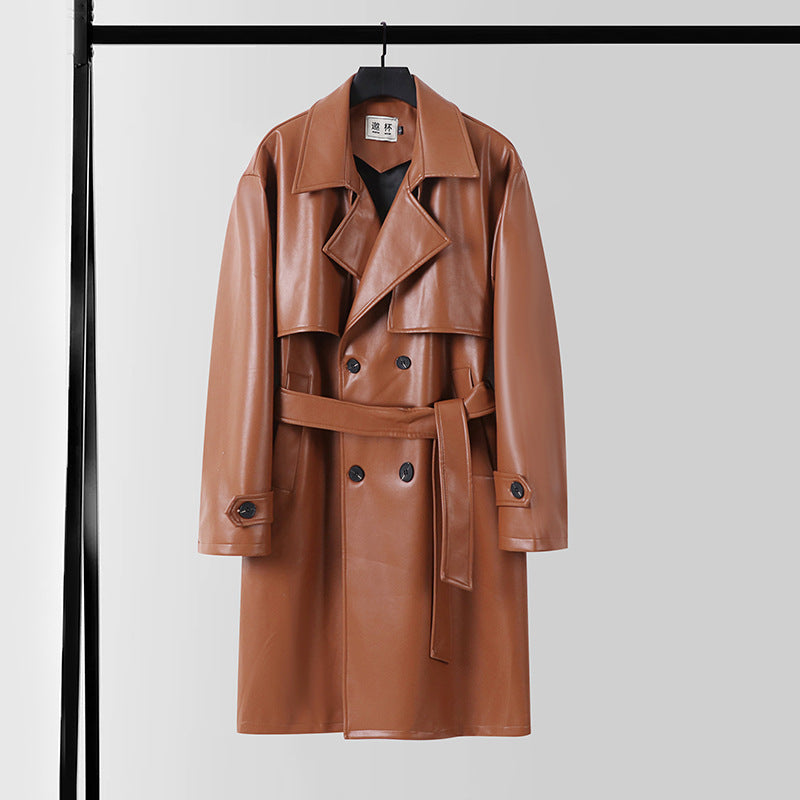 Men's Faux Leather Trench Coat with Double-Breasted, Oversized Cut and Cuff Straps Chichicherry