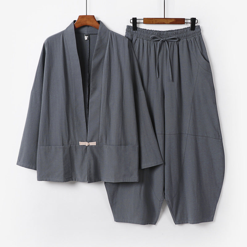 Men's Kimono Loungewear Set with Short Shawl Collar and Loose Harem Waist Pants Chichicherry