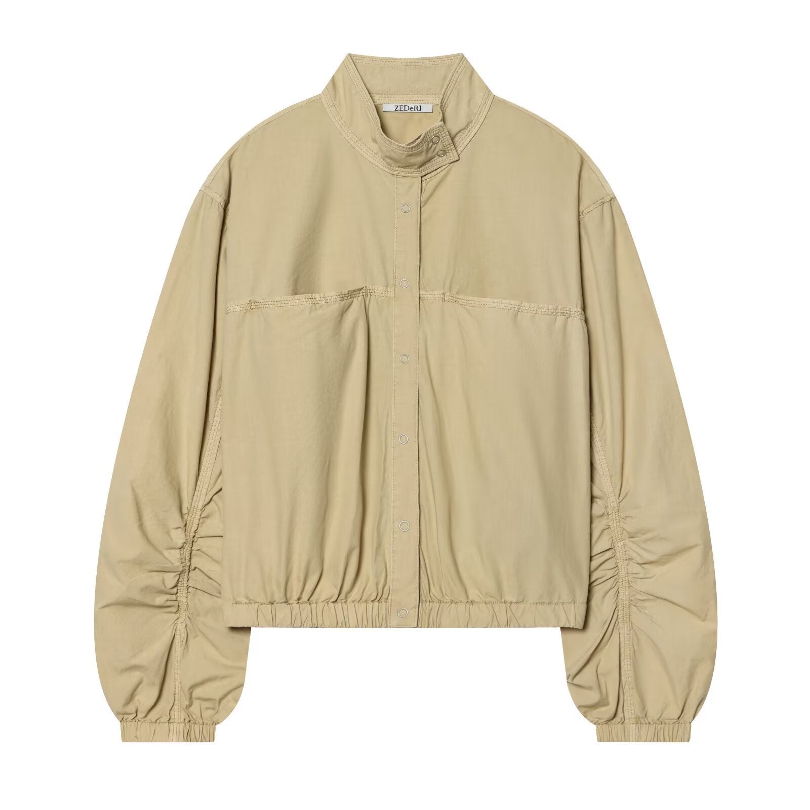 Women's Cropped Bomber Jacket with Stand-Up Collar, Snap Button Placket and Gathered Sleeves Chichicherry