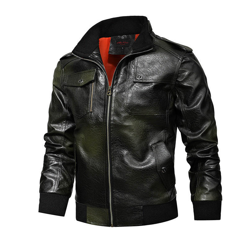 Men's leather pilot style jacket with zipper, shoulder epaulets, and ribbed cuffs Chichicherry