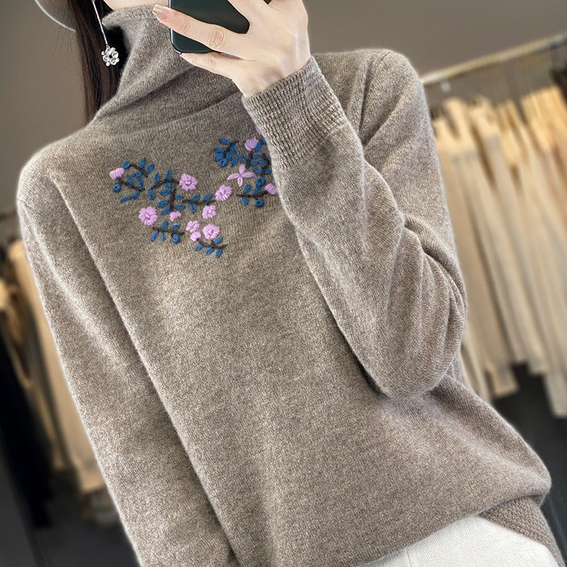Women's Cashmere-Look Roll Neck Sweater with Delicate Floral Embroidery on the Chest Area Chichicherry