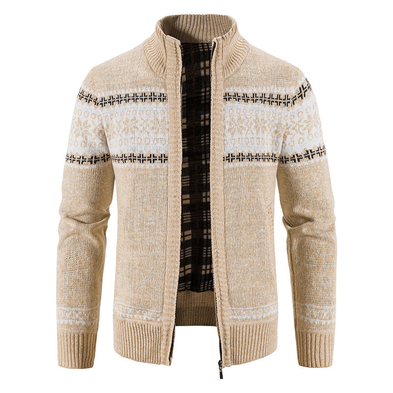 Men's Norwegian knit zip jacket with stand-up collar, warming fleece lining, and zipper Chichicherry