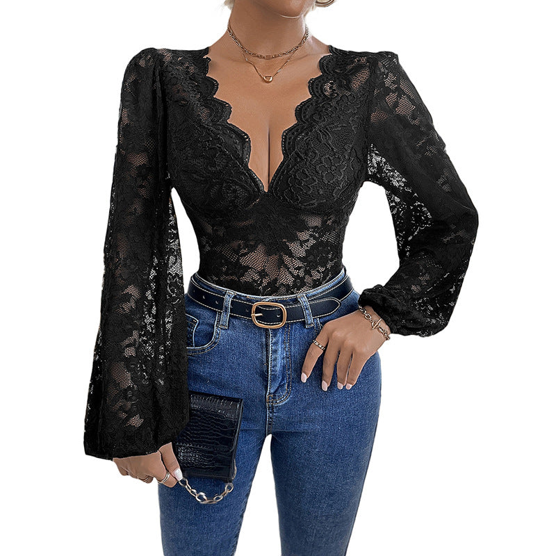 Women's lace bodysuit with deep V-neckline, curved hem and puff sleeves Chichicherry