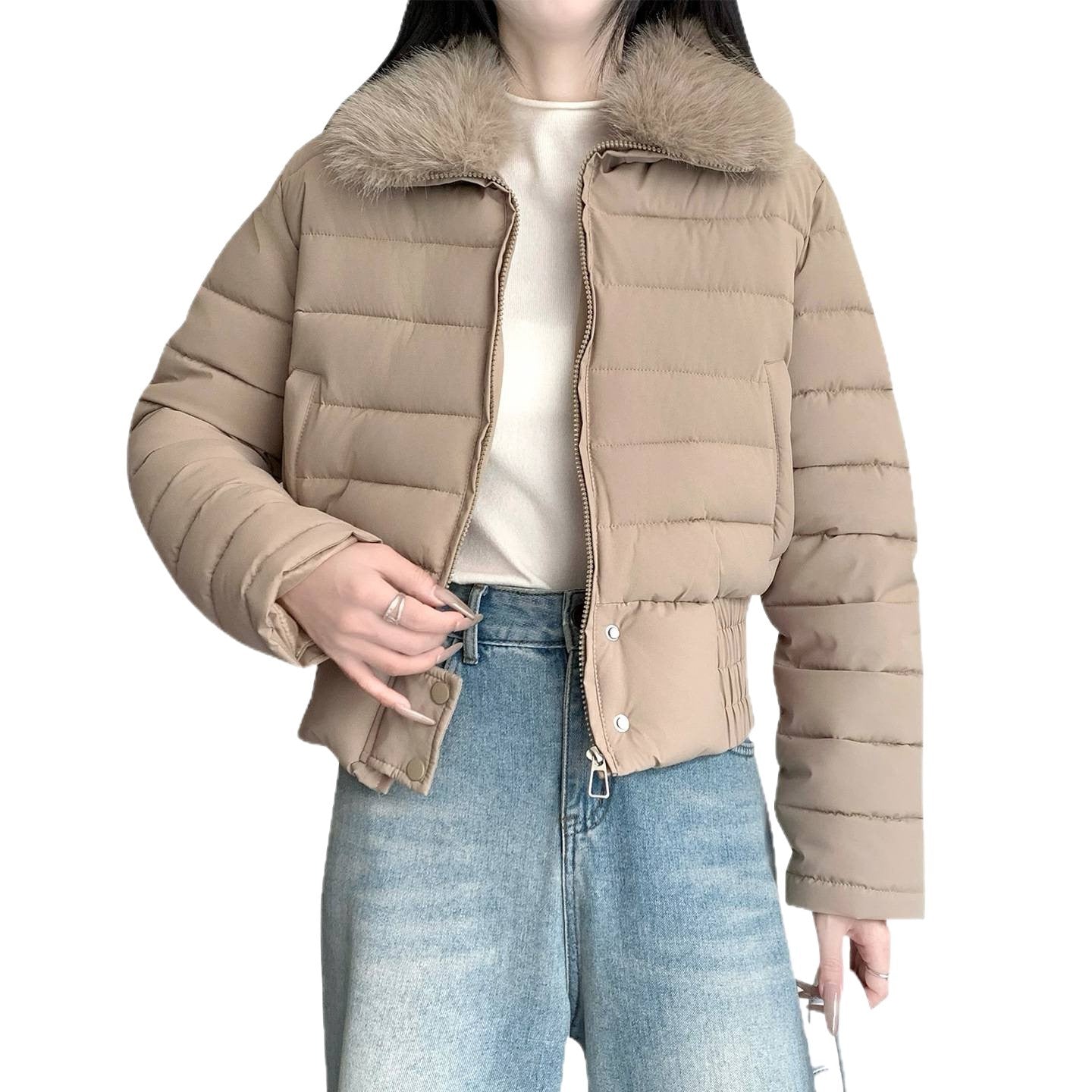 Women's short padded waist jacket with removable faux fur collar and reinforced hem Chichicherry