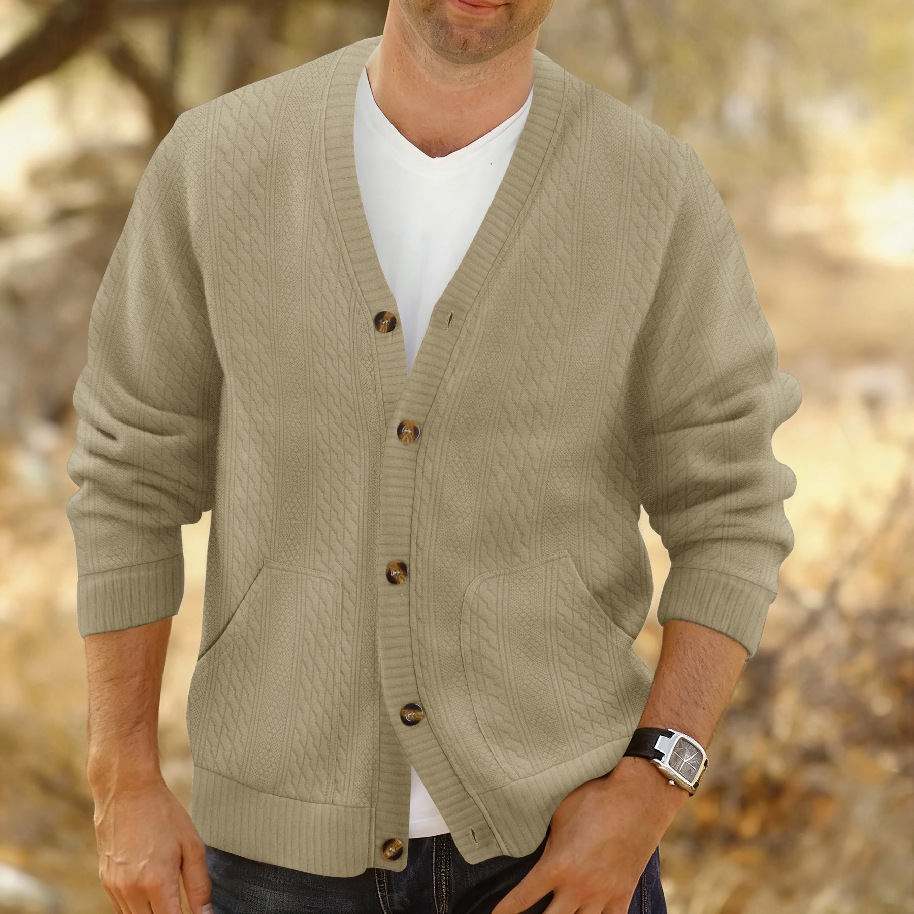 Men's Structured Knit Cardigan with Cable and Waffle Pattern, Button Placket and Patch Pockets Chichicherry