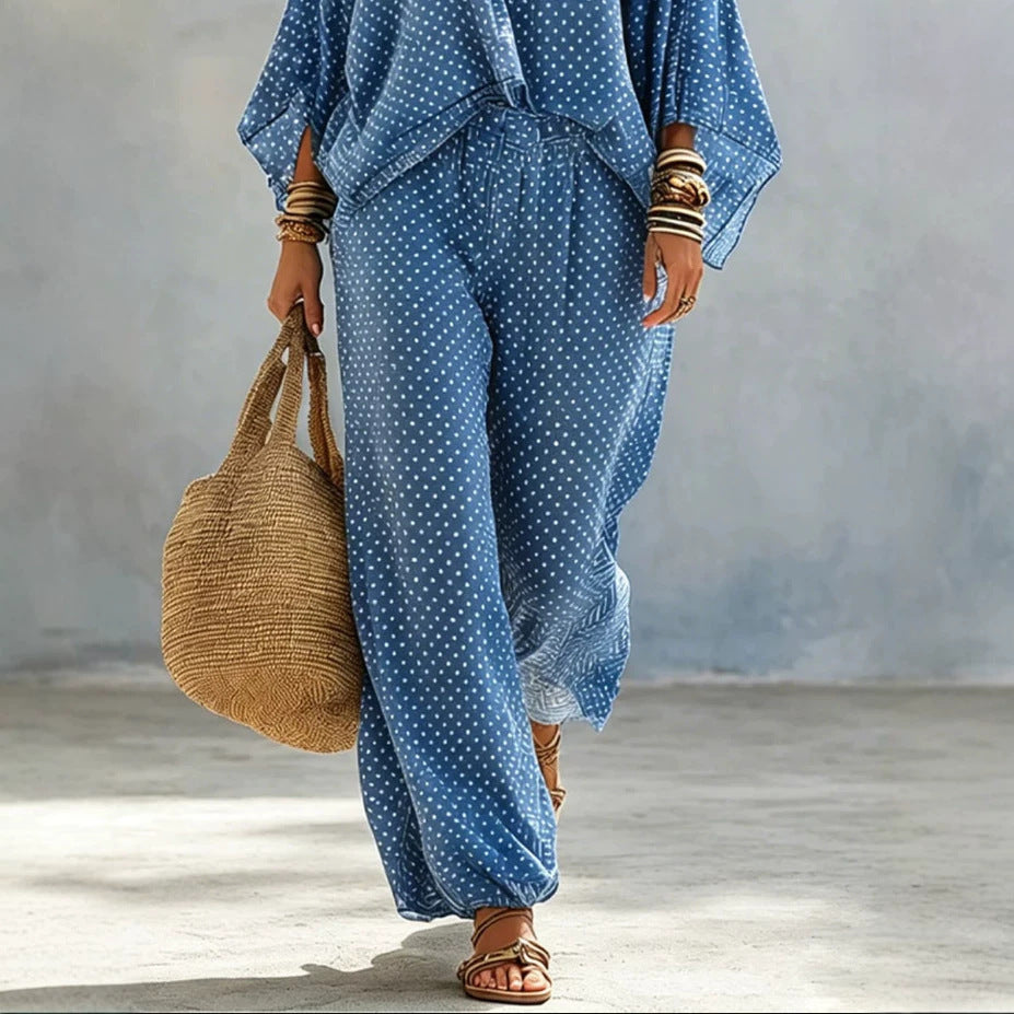 Women's linen look two-piece set with V tunic, batwing sleeves, and wide harem pants Chichicherry