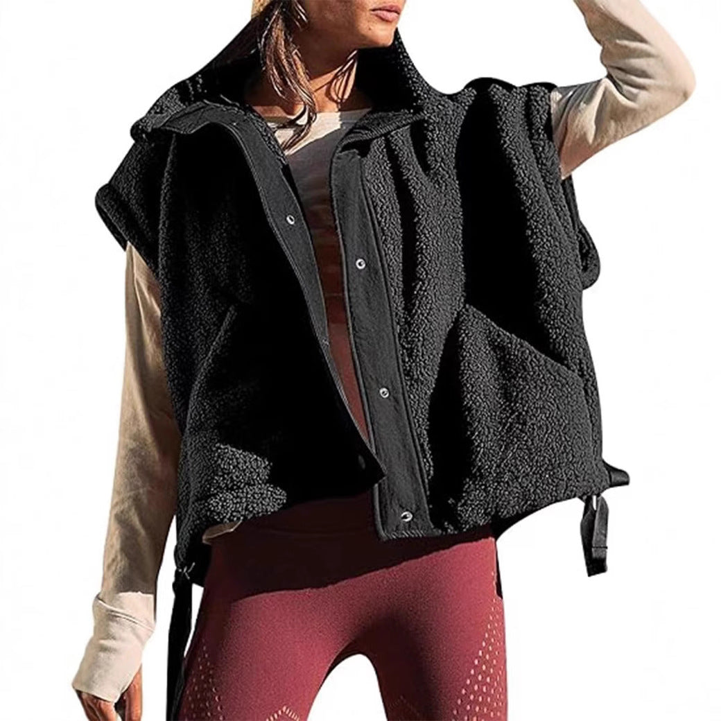 Women's Oversized Teddy Fleece Vest with Hood and Snap Buttons Chichicherry