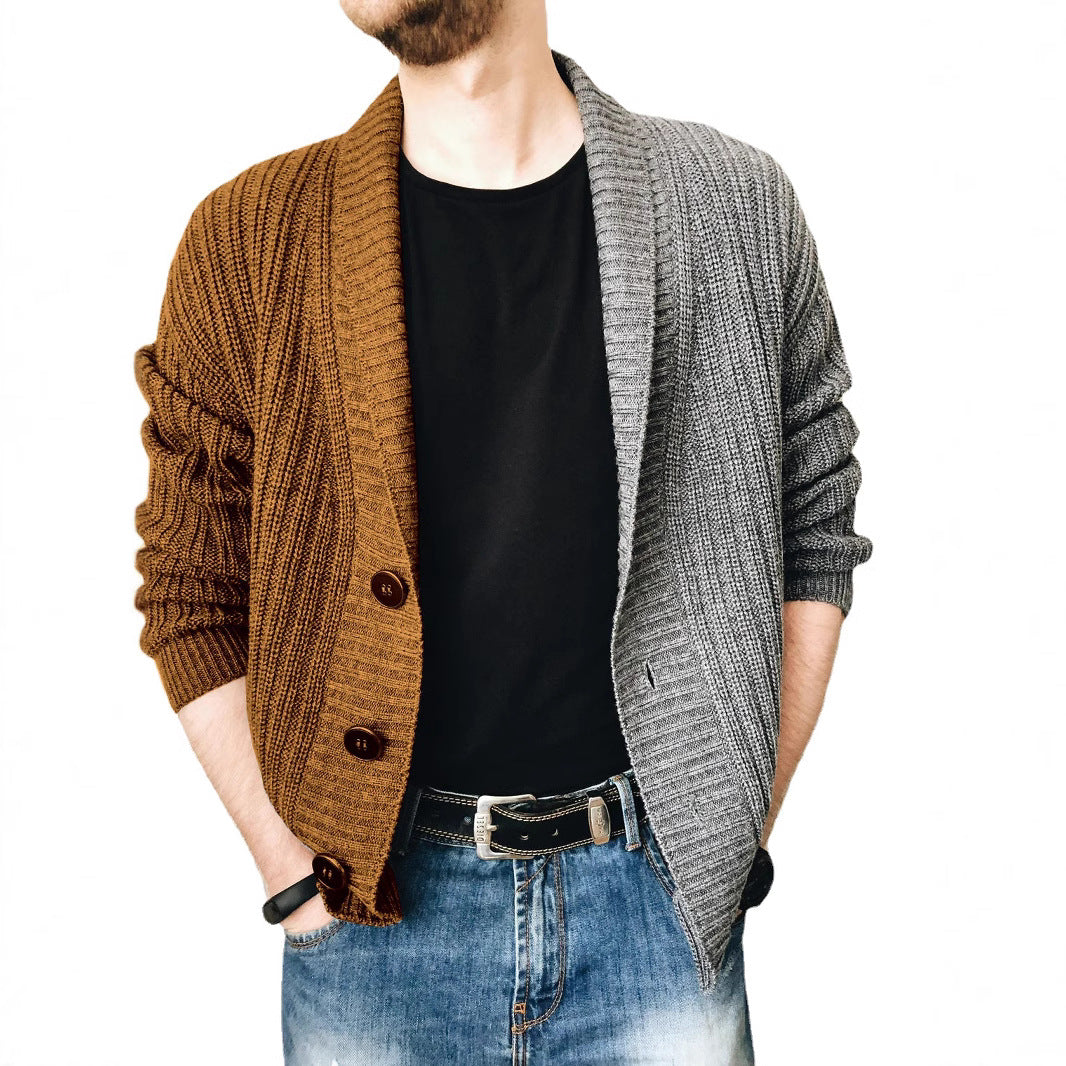 Men's chunky knit cardigan with shawl collar, ribbed texture and distinctive buttons Chichicherry