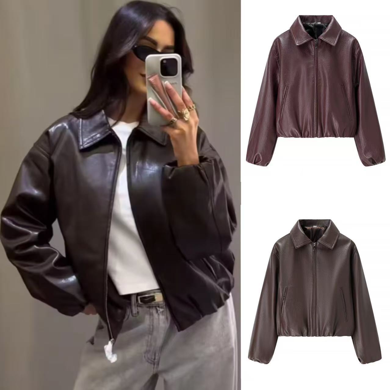Women short cut leather imitation blouson with zipper and elastic hem Chichicherry