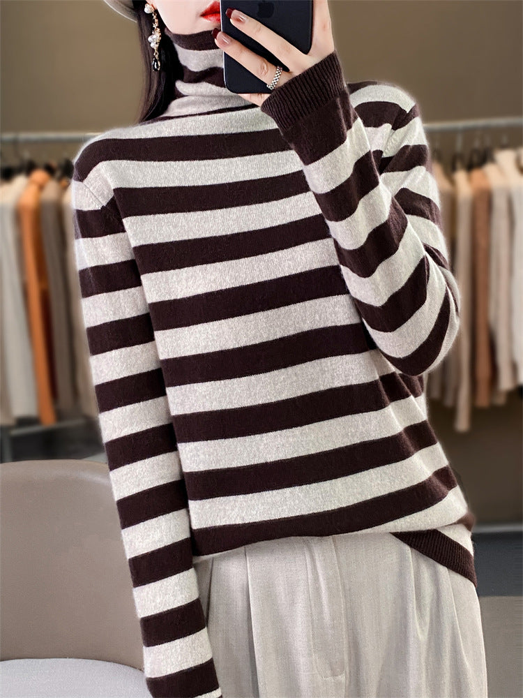 Women Casual Striped Turtleneck Sweater made of Wool Blend with Relaxed Fit Chichicherry