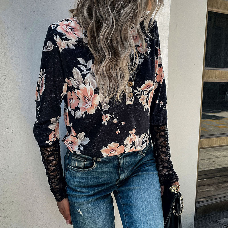 Women's Henley top with rose print, lace cuffs and decorative button placket Chichicherry