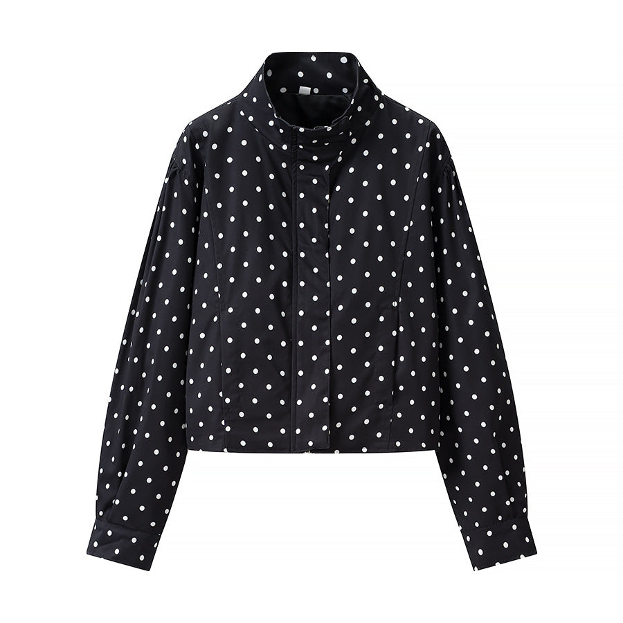 Women Polka Dot Short Jacket with Stand Collar and Concealed Snap Button Placket Chichicherry