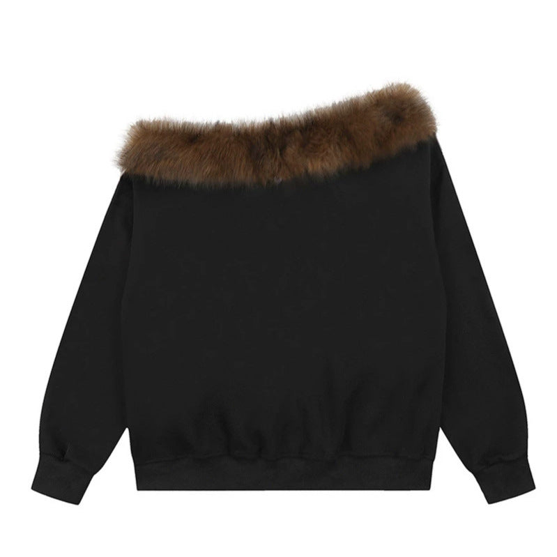 Women's oversized sweatshirt with faux fur collar, ribbed cuffs and statement print Chichicherry