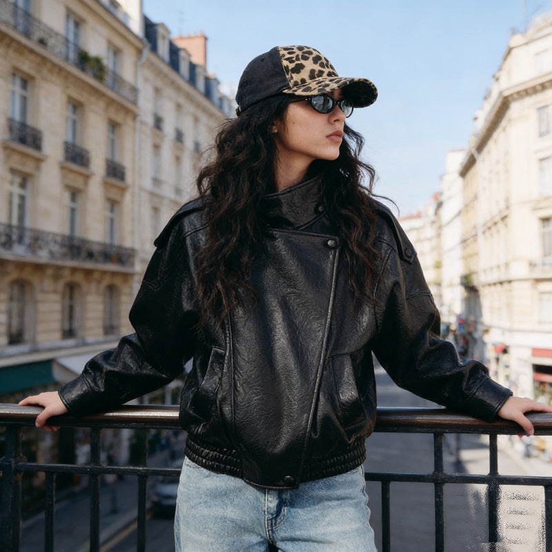 Ladies Oversize Biker Jacket made of Faux Leather with Stand-up Collar and Shoulder Flaps Chichicherry