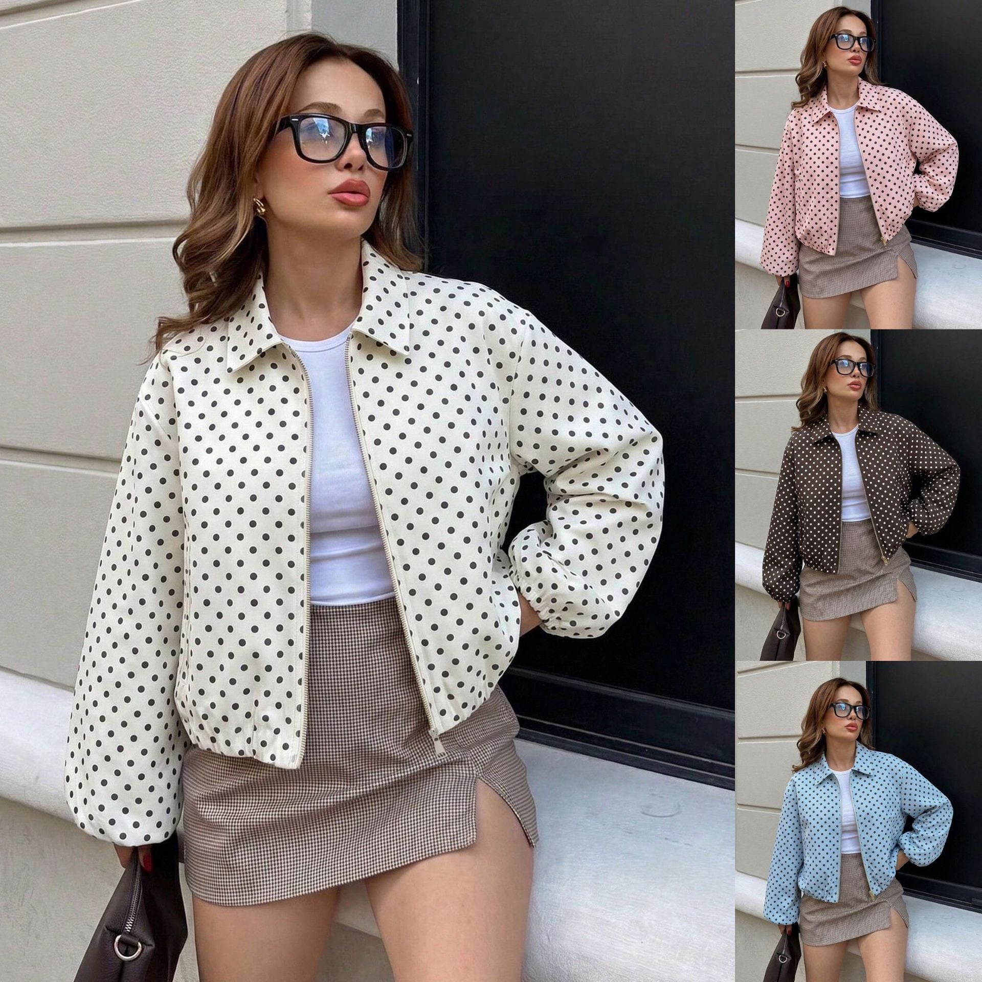 Women's Polka Dot Bomber Jacket with Zipper and Elastic Hem Chichicherry
