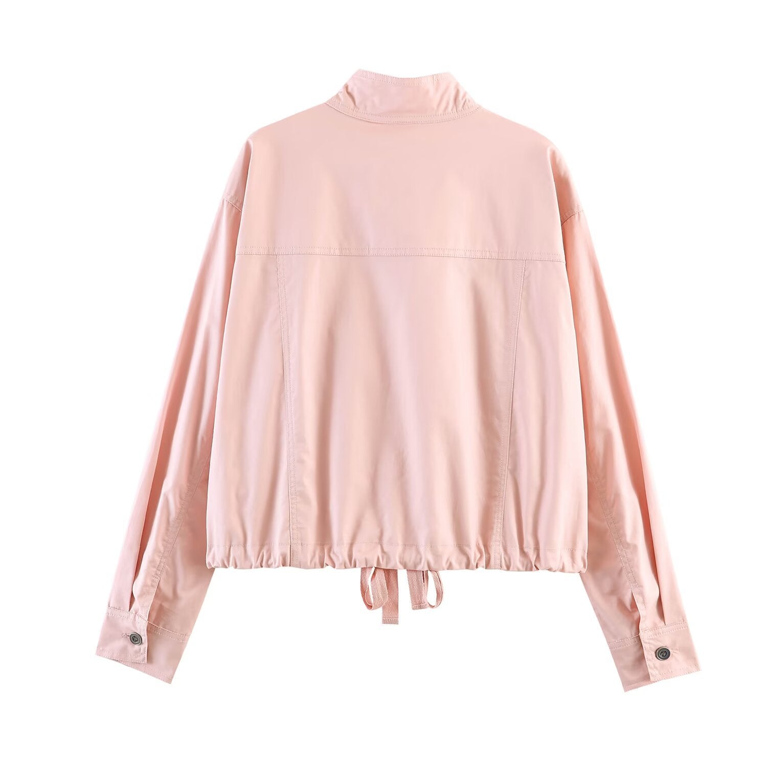 Women Lightweight Cropped Field Jacket with Stand-up Collar, Drawstring and Flap Pockets Chichicherry