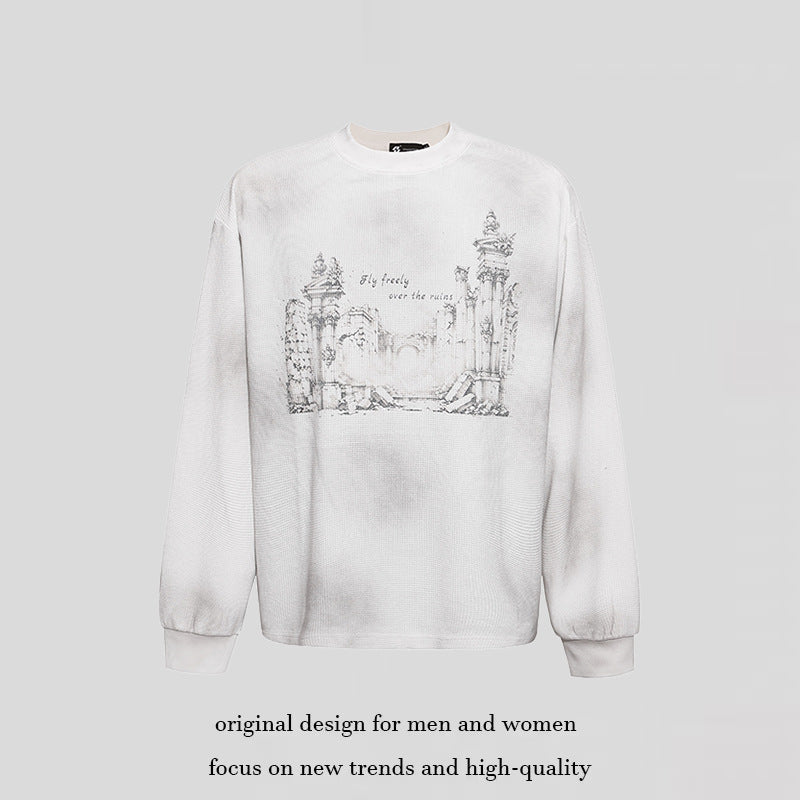 Women’s Oversized Sweatshirt with Waffle Texture, Round Neck and Ruins Sketch Print Chichicherry