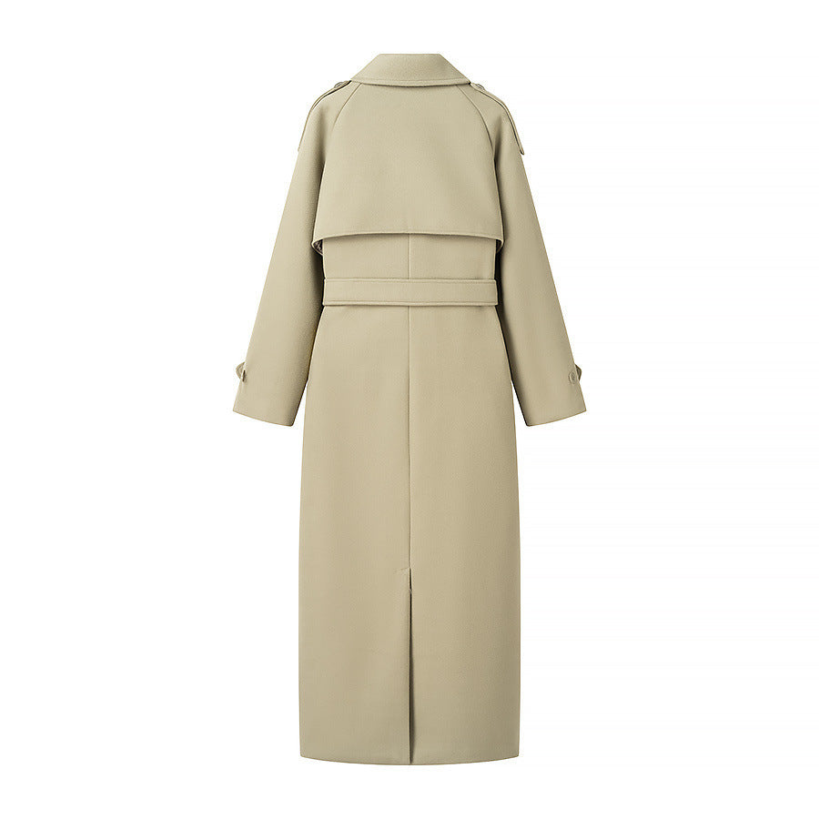 Women Long Trench Coat with Belt, Double-Breasted Button Placket and Epaulets Chichicherry